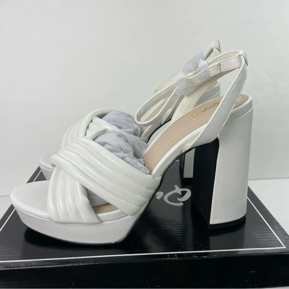 Qupid White‎ Quilted Platform Block Heel Ankle Strap Sandals